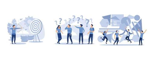 A team of people assemble an abstract geometric puzzle, people frequently asked questions around question marks, businessman archer aiming at a target, set flat vector modern illustration