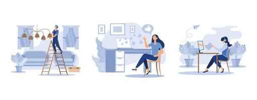 brainstorming,  joyful girl with a phone in her hand likes, have dialogue and communicate at workplace between colleagues, set flat vector modern illustration