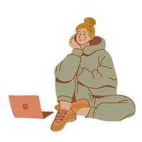 Woman sitting on the floor with laptop. Female character  wearing cozy warm clothes while working, stydying or chilling. Hand drawn vector illustration
