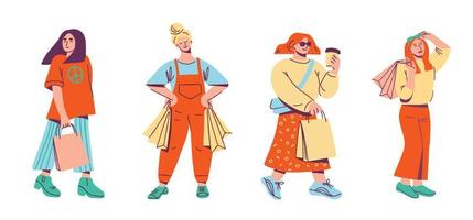 Female characters with shopping bags. Urban lifestyle and shopping concept. Hand drawn flat vector illustration