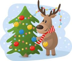 ciervo de dibujos animados decorando el árbol de navidad. Linda ilustración navideña de temporada en estilo de dibujos animados planos. vector