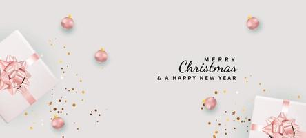 Merry Christmas pink background with gifts, decorations, confetti vector