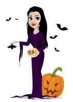Happy Halloween party. Beautiful lady in gothic style wearing black long dress.