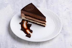 A top view shot of a chocolate cake slices on a white plate photo