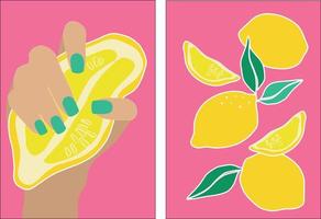Lemon in modern style. A woman's hand with a manicure holds a lemon. Set of vector illustrations on a pink background. Modern contemporary vector illustration. Minimal abstract background.