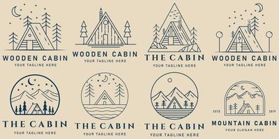 set mountain and cabin line art logo icon and symbol. forest and tree with emblem vector illustration design
