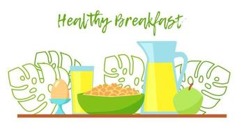 Healthy breakfast concept with glass of juice, cereal, egg and apple. Bowl with muesli. Homemade healthy morning food. Vector illustration