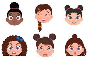 conjunto de caras, emociones infantiles, shock, enojado, alegre, sonriente, llorando vector