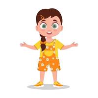 Cute little girl in a yellow dress, the girl is surprised vector