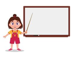 A girl with a pointer at a white board, without an inscription