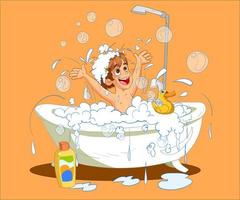 Kid having bath washing head and body all covered in suds. Boy washes himself in big bathtub with lot of shampoo foam  toy duck. Adorable smiling child in bathroom. Flat vector character illustration