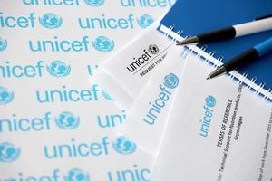 TERNOPIL, UKRAINE - MAY 2, 2022 Request for proposal for services from UNICEF - United Nations programm that provides humanitarian and developmental assistance to children photo