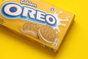 TERNOPIL, UKRAINE - MAY 28, 2022 Oreo golden crispy cookie box. The brand Oreo is owned by company Mondelez international photo