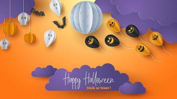 Happy Halloween banner background with clouds and pumpkins in paper cut style. Full moon in the sky, spiders web, skull, ghost and flying bats. Vector Illustration