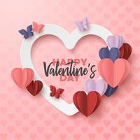 Happy valentines day paper cut style with colorful heart shape in pink background vector