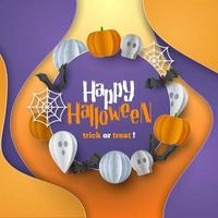 Happy Halloween banner background with clouds and pumpkins in paper cut style. Full moon in the sky, spiders web, skull, ghost and flying bats. Vector Illustration