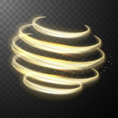 Yellow glowing shiny spiral lines abstract light speed and shiny wavy trail