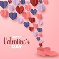 Happy valentines day paper cut style with colorful heart shape in pink background vector