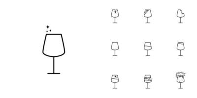 diez conjuntos de iconos de línea de copa de vino tinto. con cubito de hielo, soda, espuma y agua fría. simple, línea, silueta y estilo limpio. en blanco y negro. adecuado para símbolos, signos, iconos o logotipos vector