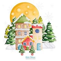 escena de casa de invierno y luna llena, ilustración de vector de acuarela