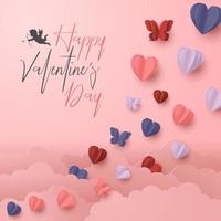 Happy valentines day paper cut style with colorful heart shape in pink background vector