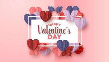 Happy valentines day paper cut style with colorful heart shape in pink background vector