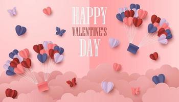 Happy valentines day paper cut style with colorful heart shape in pink background vector