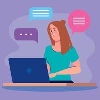 young woman using laptop and speech bubbles vector