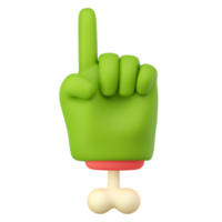 3d zombie hand in plastic cartoon style. Pointing fingers gesture. Green monster Halloween character palm with bone. High quality isolated render png