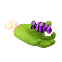 3D-Zombie-Hand im Cartoon-Stil aus Kunststoff. grüne monsterhalloween-charakterpalmen mit knochen, die violette süßigkeiten halten. hochwertiges isoliertes rendern png