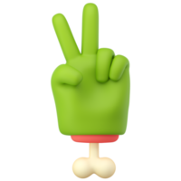 Main de zombie 3d dans un style de dessin animé en plastique. geste des doigts de la paix. paume de personnage halloween monstre vert avec os. rendu isolé de haute qualité png