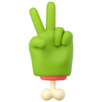 3D-Zombie-Hand im Cartoon-Stil aus Kunststoff. Friedensfingergeste. grüne monsterhalloween-charakterpalme mit knochen. hochwertiges isoliertes rendern png