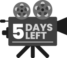 Quedan 5 días para el lanzamiento de la cuenta regresiva en el icono del proyector de película clásica antigua monocromática png
