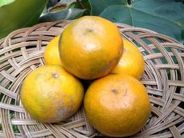 ripe oranges on a rattan container photo