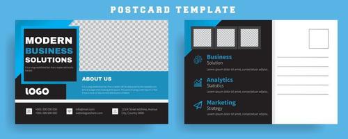 Modern Business Solutions Postcard Template, Marketing Postcard Template Design For Corporate, Event, Advertising, identity, profile Postcard Design, Blue and pure black minimal color shape cards. vector