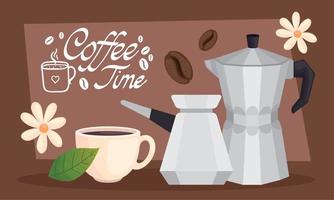 coffee time lettering with utensils vector