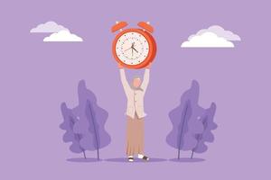 Character flat drawing of beautiful Arabian businesswoman raising alarm clock in hands. Time, watch, limited offer, deadline symbol. Time to work. Business metaphor. Cartoon design vector illustration