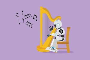 Character flat drawing robot sitting on chair and playing harp at classic music festival. Future technology development. Artificial intelligence machine learning. Cartoon design vector illustration