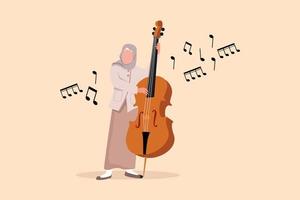 Business design drawing double bass player standing with big string instrument. Arab woman musician playing classical music with fingers. Professional contrabassist. Flat cartoon vector illustration