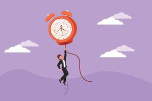 Flat cartoon style drawing happy businesswoman, manager or employee flying with big balloon alarm clock and hold rope. Time management, innovation business metaphor. Graphic design vector illustration