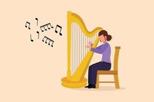 Business flat cartoon style drawing woman musician playing harp. Classical music performer character with musical instrument. Female sitting, playing harp. Graphic character design vector illustration