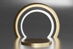 Blank pedestal with round gold ring on gray background, 3d rendering mockup photo