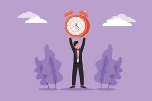 Graphic flat design drawing of strong businessman raising alarm clock in hands. Time, watch, limited offer, deadline symbol. Time to work. Hurry in business project. Cartoon style vector illustration