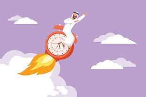 Flat cartoon style drawing Arab businessman riding alarm clock rocket ship with fire, clouds. Time, watch, limited offer, deadline. Time to work. Countdown shuttle. Graphic design vector illustration