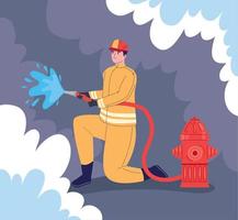 Fireman with hose in hydrant vector