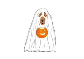 dog sit as a ghost for halloween in front with pumpkin lantern or light. png