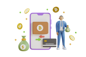 bitcoin portemonnee met munten en contant geld geïsoleerd Aan Purper achtergrond. handel bitcoin Aan mobiel door de systeem cryptogeld. perspectief illustratie over crypto munten. 3d renderen png