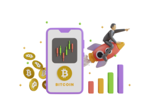 concepto de bitcoin a la luna. criptomoneda con inversión en negocios de finanzas móviles. cohete de criptomoneda bitcoin despegando a la luna. representación 3d png