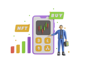 botón de compra de token no fungible nft para arte criptográfico sobre fondo azul. concepto de representación 3d nft o token no fungible para obras de arte. representación 3d png