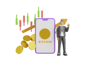 Trade Bitcoin on mobile through the system Cryptocurrency. Bitcoin exchange. 3d illustration of blockchain technology, bitcoin, altcoins, cryptocurrency mining, finance, digital money market, png